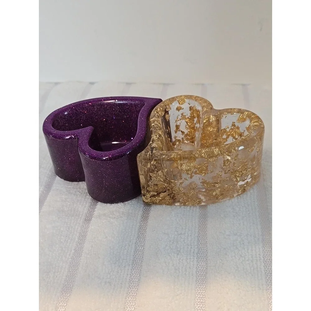 Handmade Resin Purple And Gold Heart‎ Shaped Trinket Boxes. 757